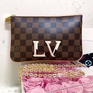 Authentic Louis Vuitton Damier Ebene LV Pink & White Double Pochette Bag